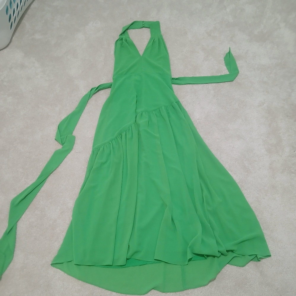 Badgley Mischka Lime Green Halter High-Low Dress